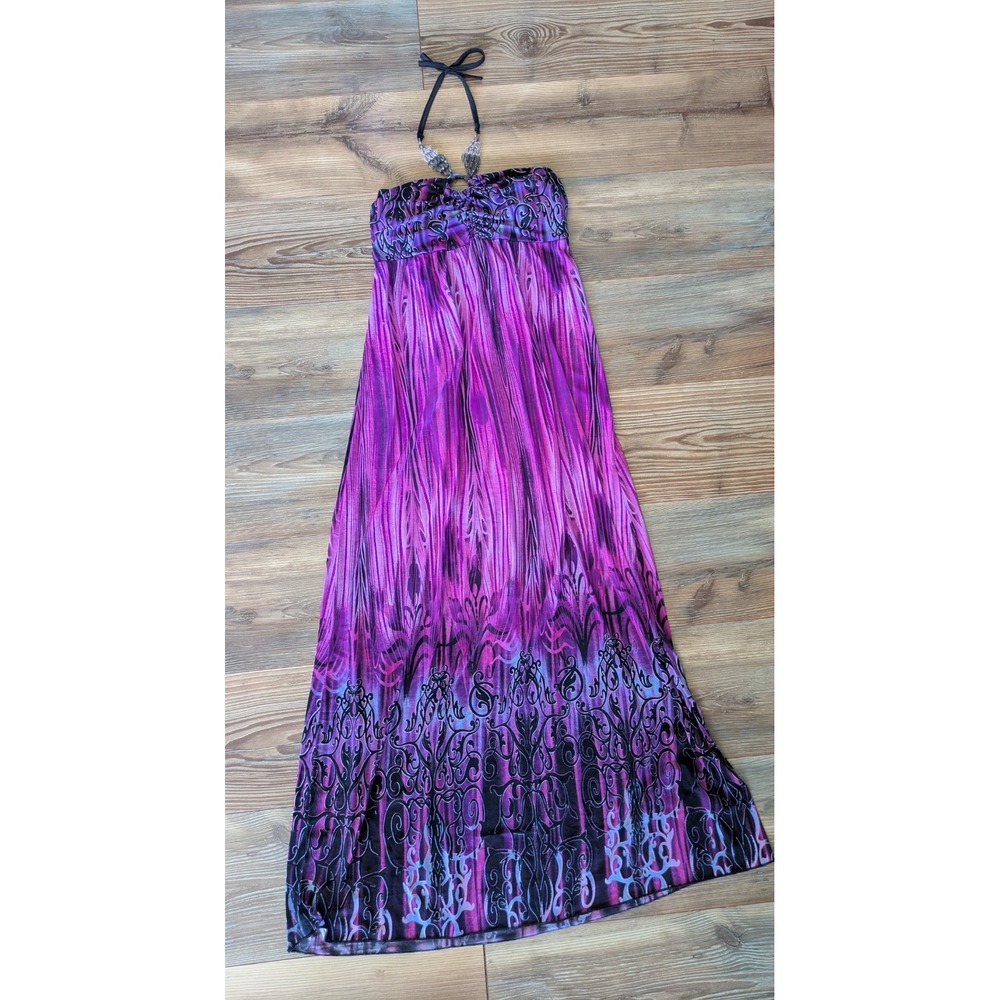 Purple Black Paisley Beaded Neckline Halter Tie Sleeveless Padded Maxi Dress